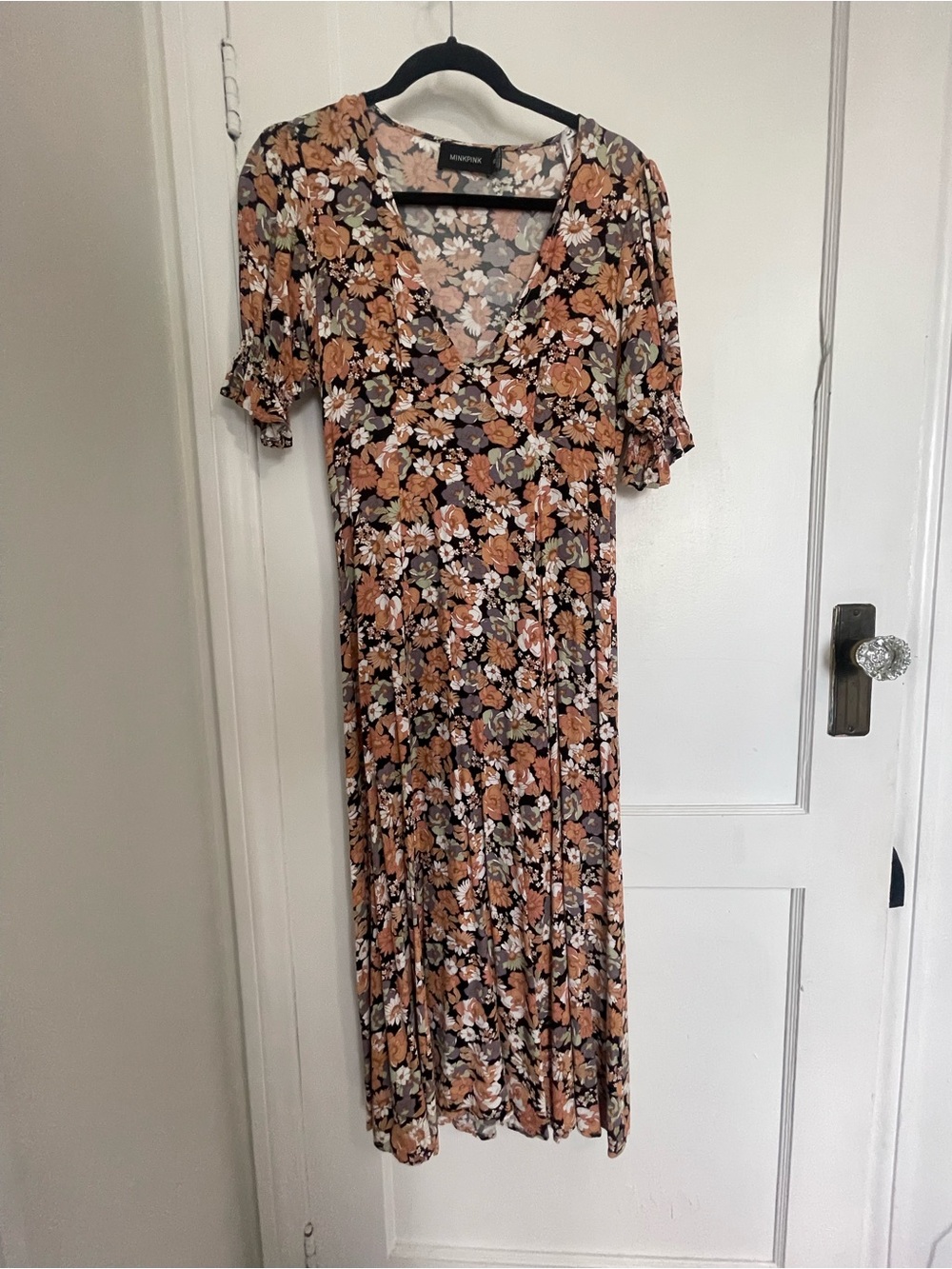 Black Midi Dress with Rust and Cream Floral Print